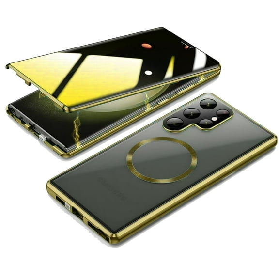 Dteck for Samsung Galaxy S24 Ultra Case with Slide Secure Lock, Compatible with MagSafe, Magnetic Adsorption Double-Sided Glass Protective Case with Built-in Privacy Screen Protector,Gold
