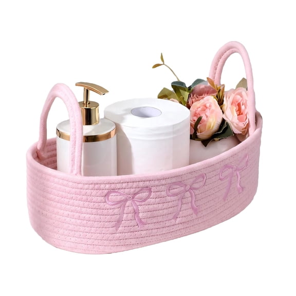 Pink Bow Woven Storage Basket, Boho Cotton Rope Toilet Tank Top Organizer, Bathroom Countertop Basket with Handles, Pink Bathroom Decor for Bedroom Toys Organizing