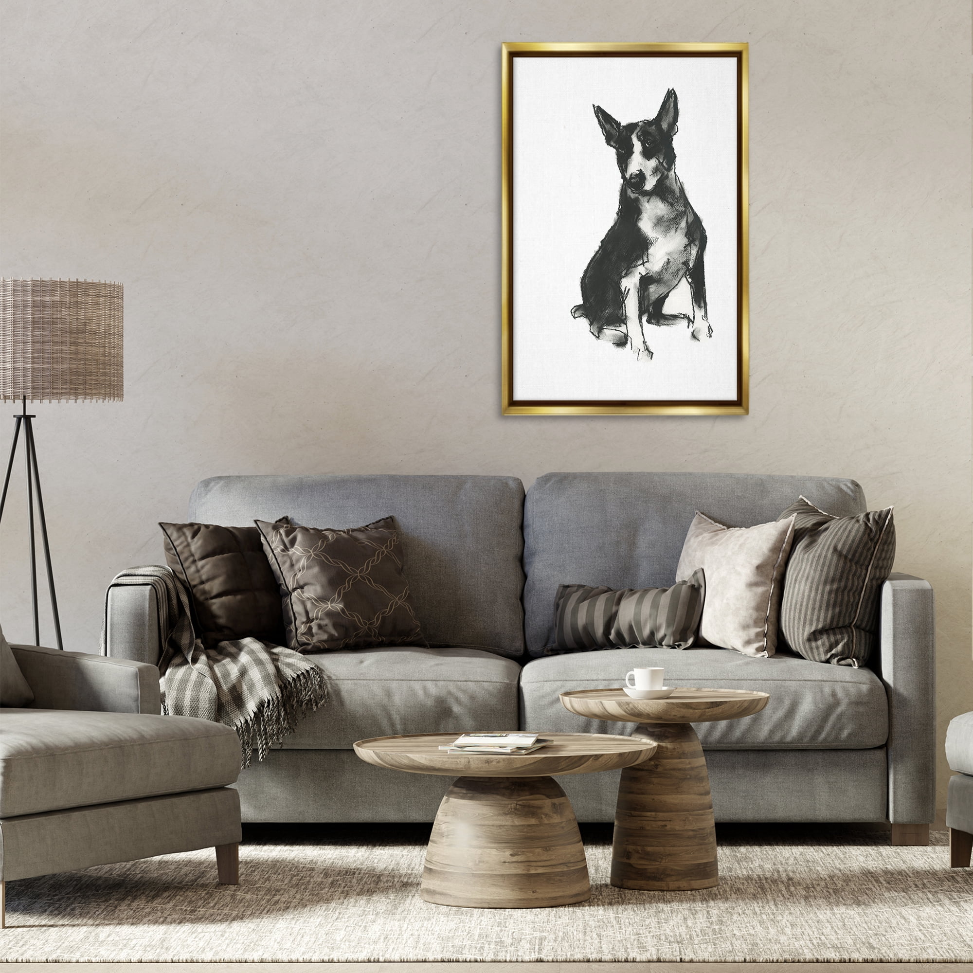 Stupell Industries Charcoal Dog Drawing Animals & Insects Drawing Gold Floater Framed Canvas Art Print Wall Art, 21 x 31