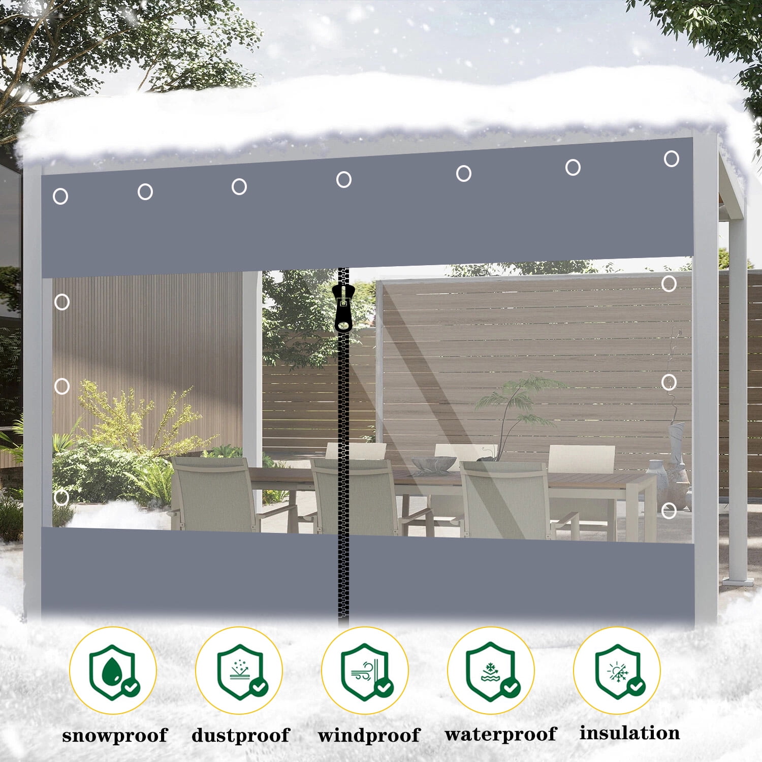 3x2m Clear PVC Outdoor Curtain Waterproof Transparent Patio Panel Windproof UV-Resistant Tarp for Pergola/Gazebo/Porch
