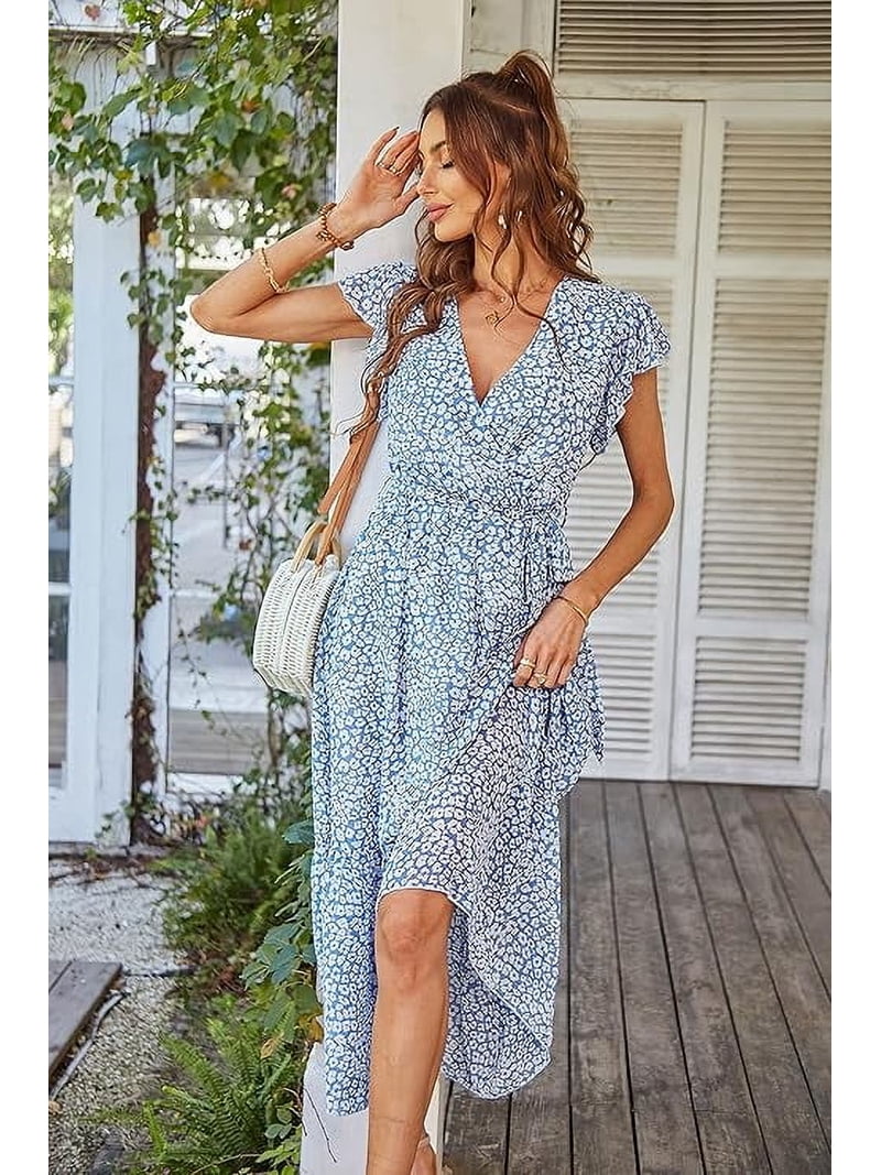 boho work dress PRETTYGARDEN Women's Floral Wear To Wrap V Neck Short Sleeve Belted Ruffle Hem A-Line Flowy Maxi Dresses jrsddsmashpromo