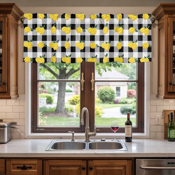 Kitchen Valances for Window, Cartoon Dot Lemon on Buffalo Plaid Light Filtering Rod Pocket Valance Curtain, Rustic Black White Checkered Short Curtains Window Topper for Bedroom Living Room 54x18in