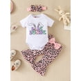 thumbnail image 2 of Faithtur Easter Baby Girls Jumpsuits Set Rabbit Letter Print Short Sleeves Romper and Casual Leopard Print Flared Pants Headband, 2 of 9