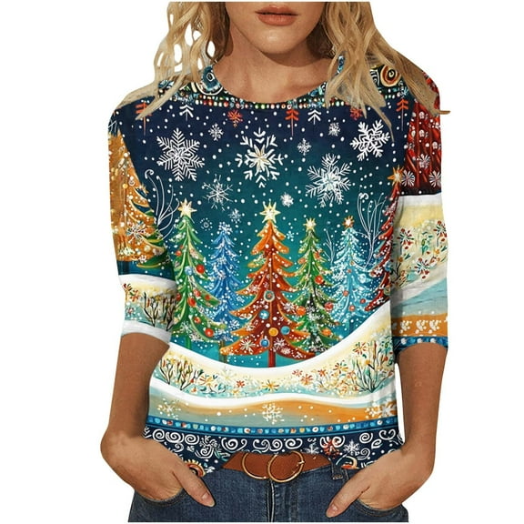 LiMoi Women's Holiday Fashion Blouse with 3/4 Sleeve Round Neck and Modern Tree Graphic Tees Tshirts Tops Shirts My Order My Items