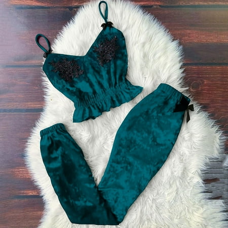

Qcmgmg 2 Pack Crop Top Pants Bow Nightgown Sleepwear Pajamas Set Velvet Solid Color Sexy Pjs for Women