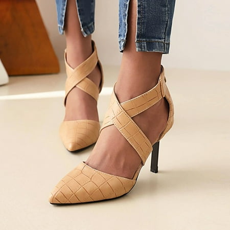 

BRISEZZS Heeled Sandals for Women- Cross Strap New Style Casual Pointed Stilettos Summer Sandals #135 Beige-7