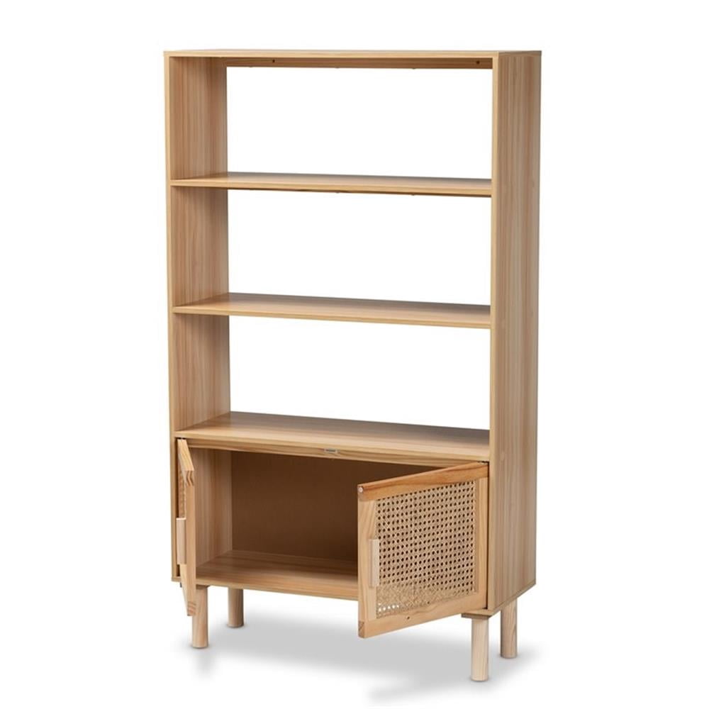 Baxton Studio Faulkner Mid-Century Modern Natural Brown Finished Wood and Rattan 2-Door Bookcase,Wholesale Interiors