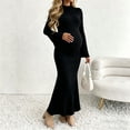 thumbnail image 4 of Purcolt Womens Maternity Ribbed Knit Maxi Dress Elegant Ruffled Trim Mock Neck Flare Long Sleeve Mermaid Dress Comfort Stretchy Slim Fit Bodycon Long Dress, 4 of 9