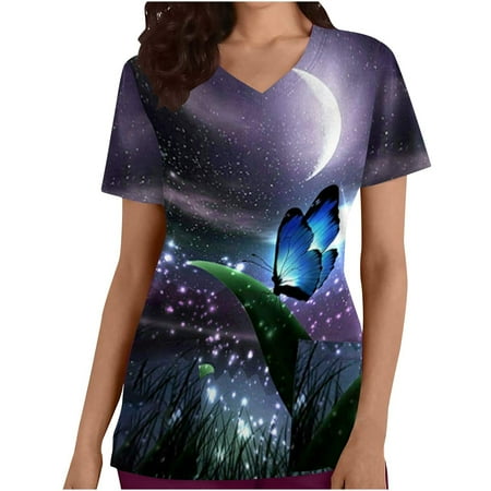 

OGLCCG Scrubs for Women Workwear Revolution Butterfly Print Short Sleeve Working Uniform T-Shirt Classic Fit V-Neck Four-Way Stretch Medical Scrub Tops