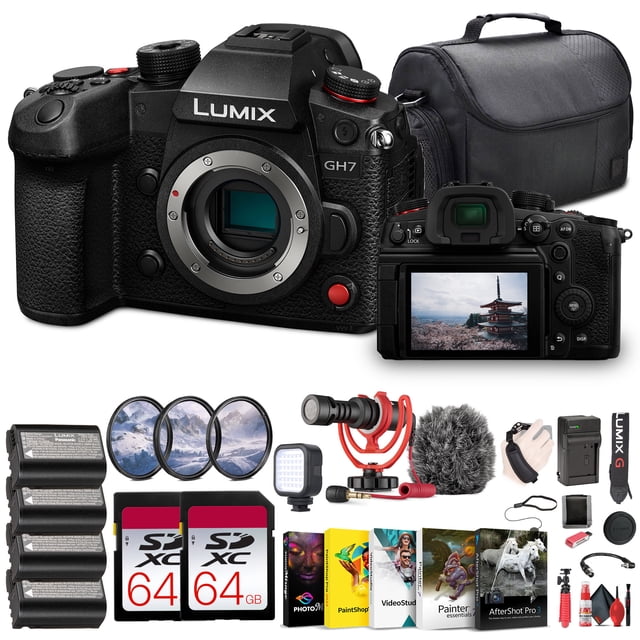 Panasonic Lumix GH7 Mirrorless Camera + 2 x 64GB Memory Card + LED Light + Rode Mic + Photo Editing Software + Bag + 3 x DMW-BLK22 Battery + Card Reader + Charger + LED Light + More
