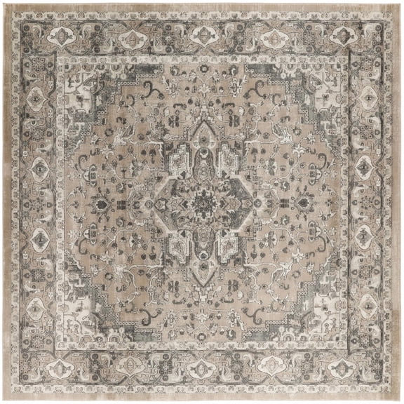 8' Beige and Gray Square Medallion Power Loom Distressed Area Rug