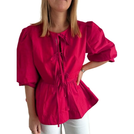 ZIYIXIN Women Puff Short Sleeve Peplum Shirts Y2k Lace Up Tie Front Ruffle Hem Loose Blouse Dressy Casual Babydoll Tops