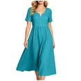 thumbnail image 3 of ClodeEU Women's V Neck Short Sleeve Linen Blend Midi Dress,Casual Tunic Flowy Dress Sky Blue,Women's Plus XL, 3 of 9
