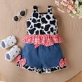 thumbnail image 2 of UAYOTSE Baby Girl Denim Outfits Cow Print Shirt Toddler Ruffle Sleeve Button Tops Bowknot Wide Leg Jean Shorts,12-18 Months Red, 2 of 9