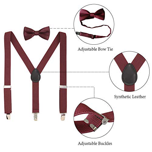 Kids Suspender Sets Adjustable Suspender With Bow Ties Gift Idea For Boys And Girls (Wine-Red)