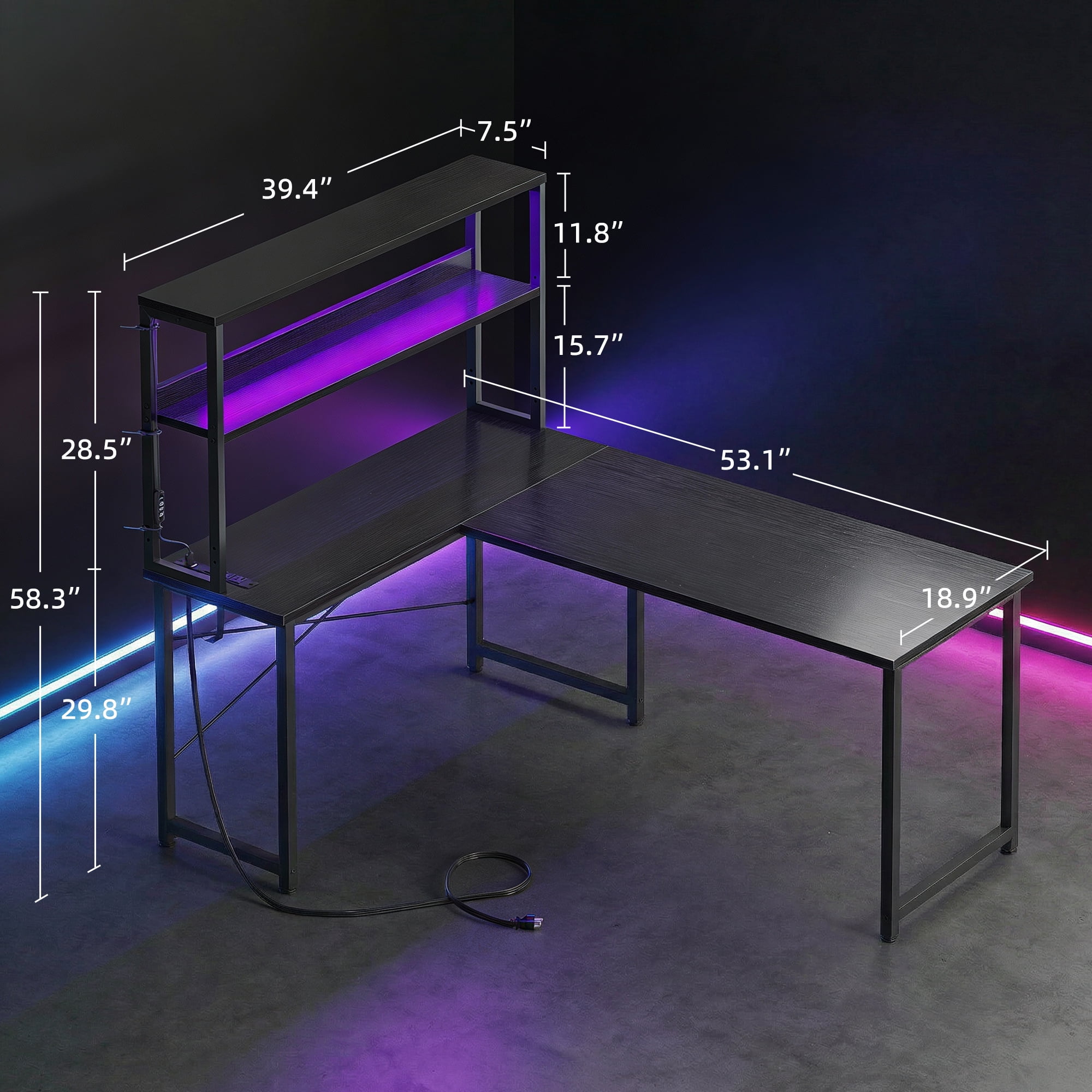 Reversible Display Shelf Gaming Desk with LED Lights & Power Outlets, 53 inch L-Shaped Computer Desk with Hutch & Hook, Black