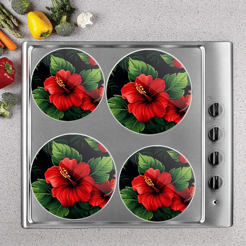 Bahomeck Electric Stove Burner Covers Set Of 4,Seamless Pattern Of Red Hibiscus Flowers With Green Leaves Metal Gas Stove Burner Covers,Protecting Gas Stoves,8 Inch And 10 Inch