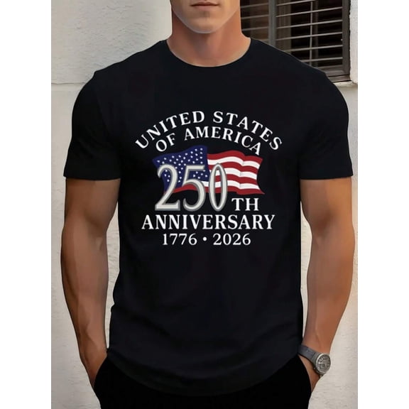Men’s United States of America 1776-2026 250th Anniversary Flag Print Round Neck Short Sleeve T-Shirt, Breathable Comfortable Fabric for Independence Day Celebration Gift