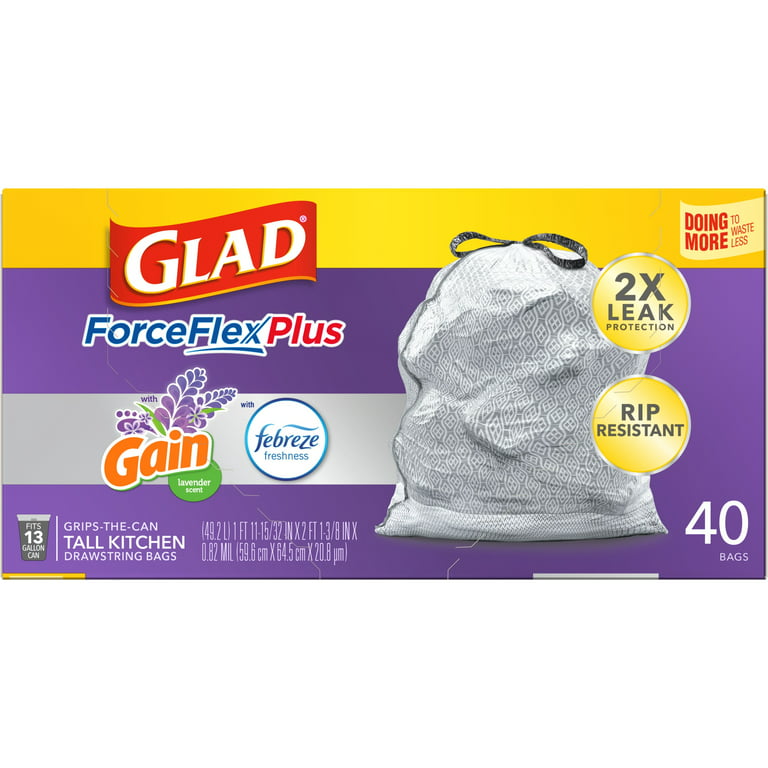 Glad ForceFlexPlus Tall Kitchen Drawstring Trash Bags - 13 Gallon Grey  Trash Bag, Lavender with Febreze Freshness 34 Count (Package May Vary)