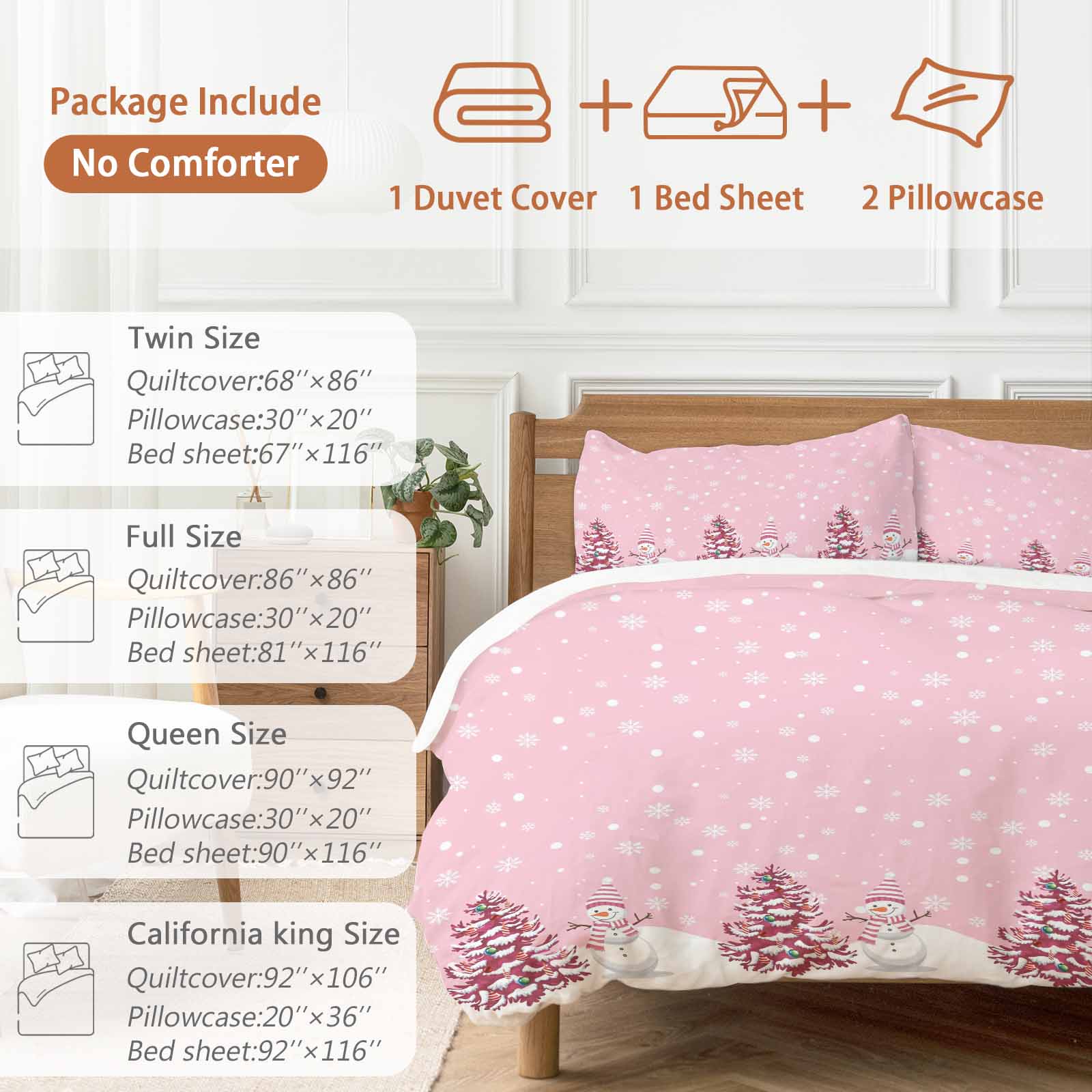 Pink Christmas Bedding Duvet Cover Set King Size 4 Pieces Snowman Christmas Tree Winter Snowflakes Bedding Set with Zipper Closure, 1 Comforter Cover 92x106 Inches 1 Flat Sheet & 2 Pillow Cases
