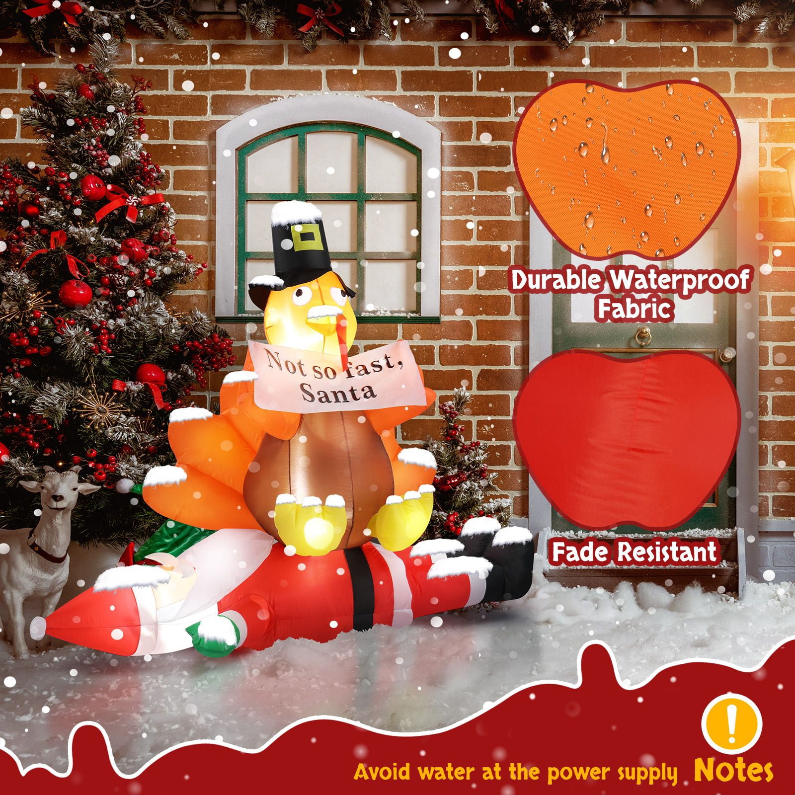 4.9FT Lighted Christmas Inflatable Decoration, Inflatable Turkey Sitting on Santa Claus, Funny Blow Up Yard Decorations with Built-in LED Lights for Holiday Party Front Yard Lawn Garden Decor