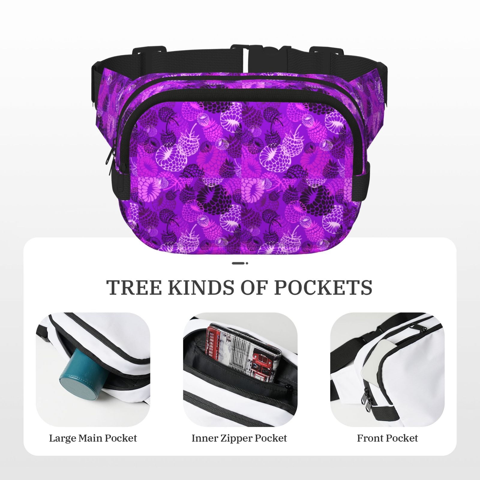 Picia Berry Raspberry Print Square Double-Layer Waist Bag Mini Adjustable Waist Belt Bag Exercise Running Travel Hiking