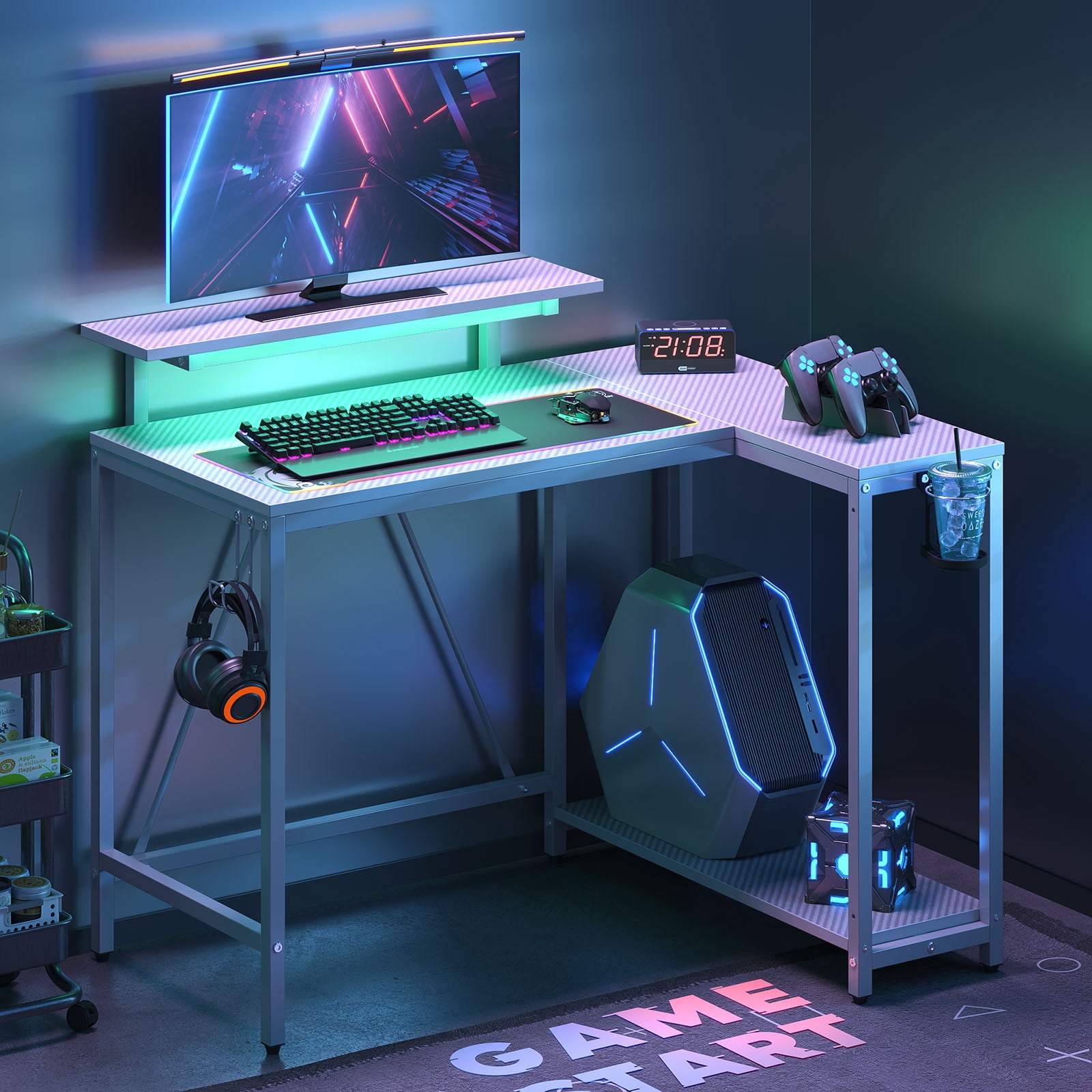 Pinmoco 42" Small Corner Computer Desk with Monitor Stand, Cup Holder& Headset Hooks, Home Office, Carbon Fiber Gray
