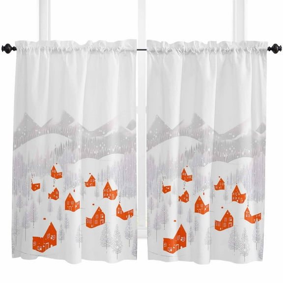 Orange Christmas Kitchen Curtain 2 Panels Tiers Curtains 45 Inch Length, Watercolor Grey White Snowflake Curtains Rod Pocket Curtains Window Drapes Treatment Window Cafe Curtains
