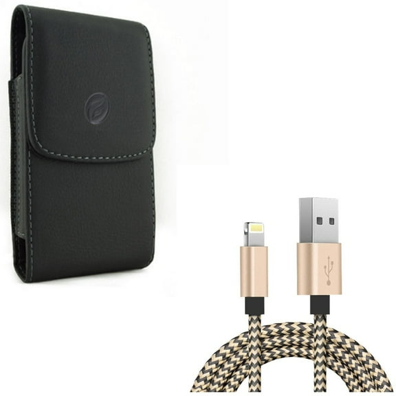 6ft USB Cable w Leather Case Belt Clip for iPhone XS Max/8 PLUS/7 Plus/6S Plus/6 Plus - Charger Cord Power Wire Sync and Holster Cover Pouch Vertical Carry