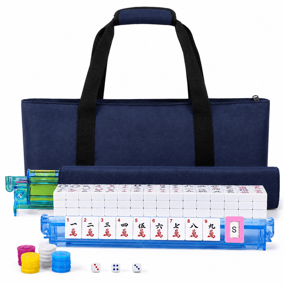 American Mahjong Tile Set,166 White Tiles Mahjong Set,4 Colors Mahjong Racks,Travel Mahjong Set with Blue Carrying Bag