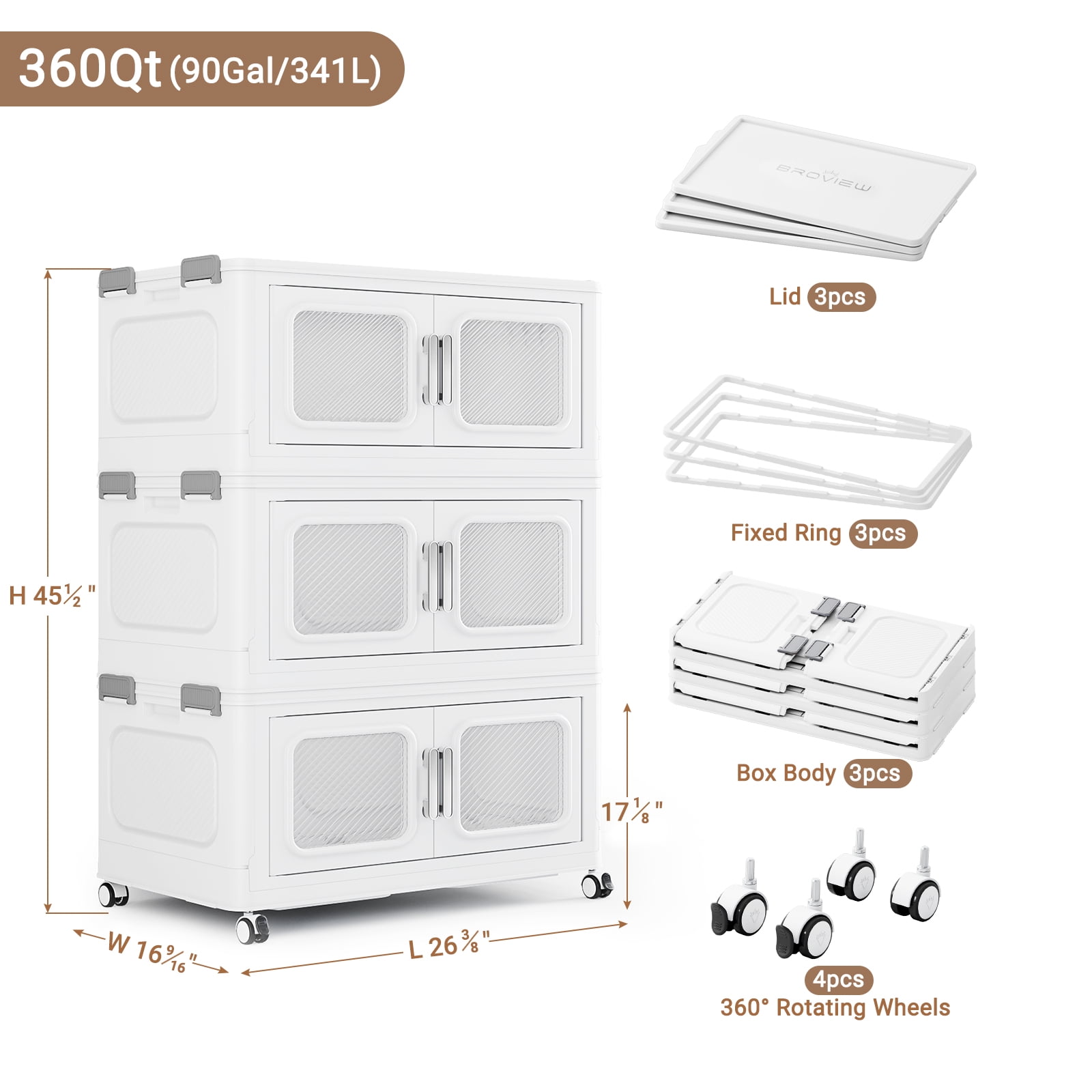 360 Qt Extra Large Stackable Storage Bins with Lid, 90Gal Collapsible Closet Organizer and Storage Drawers with Wheels, Plastic Storage Box for Closet Clothes Organization,White
