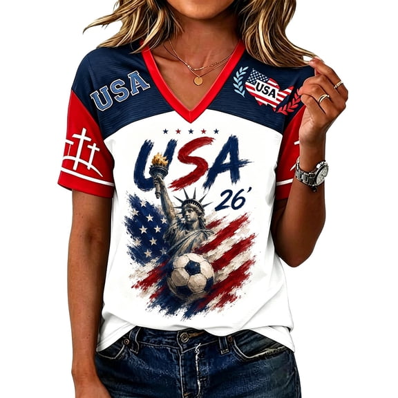 Women's USA 2026 Statue of Liberty Soccer V-Neck T-Shirt Summer National Team Pride Top Sports Fan Gift S
