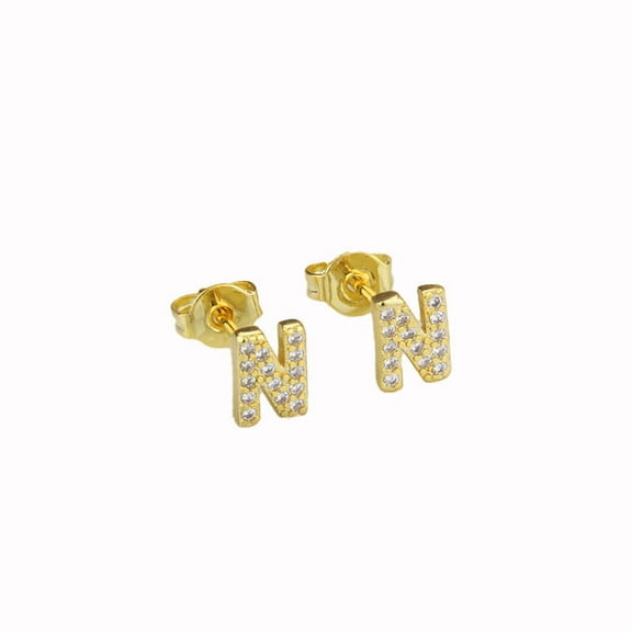 Bonjour Jewelers 14k Yellow Gold Created Diamond Initial N Letter Stud Earrings Plated