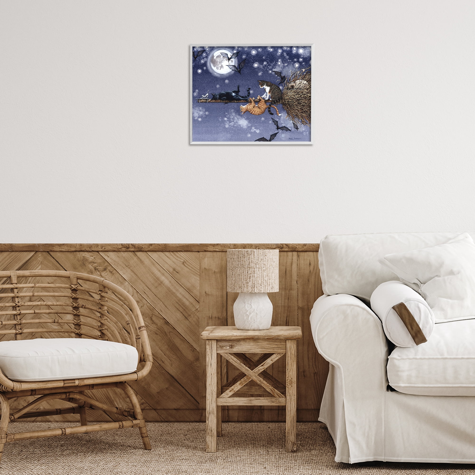 Stupell Industries Joyriding Cats on Broom Holiday Painting White Framed Art Print Wall Art, 20 x 16