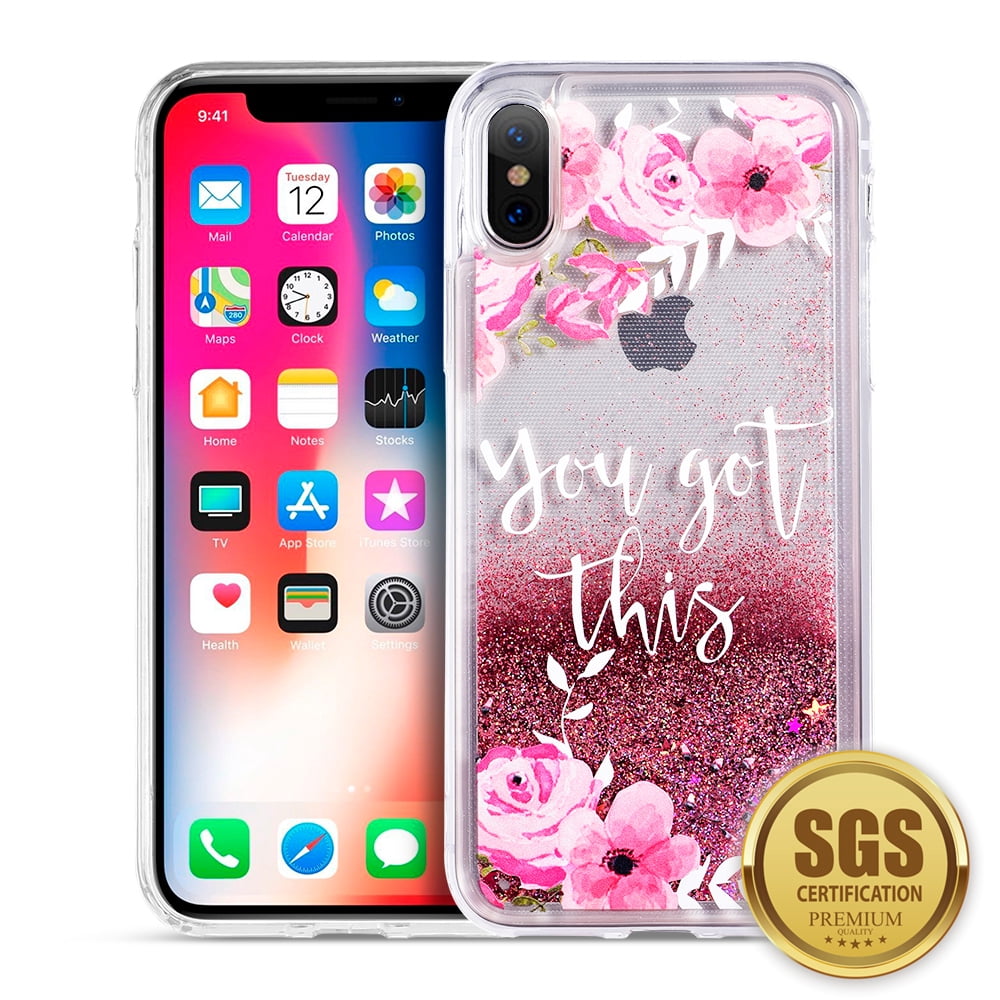 3D Winter Sparkle Glitter Waterfall Phone Case (Pink Flower) for Apple iPhone XS/X - Interactive Water Liquid Cascade Floating Snow Globe Dynamic Transparent Smartphone Cover - Floral Motivation Quote