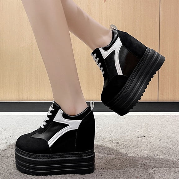 Hidden Wedge Heel, Womens Platform Sneakers, Hidden Wedge Heel Lace Up Shoes with Ultra High Thick Sole, Comfortable Fashion Walking Footwear for Daily Wear, Trendy Shoes for Women