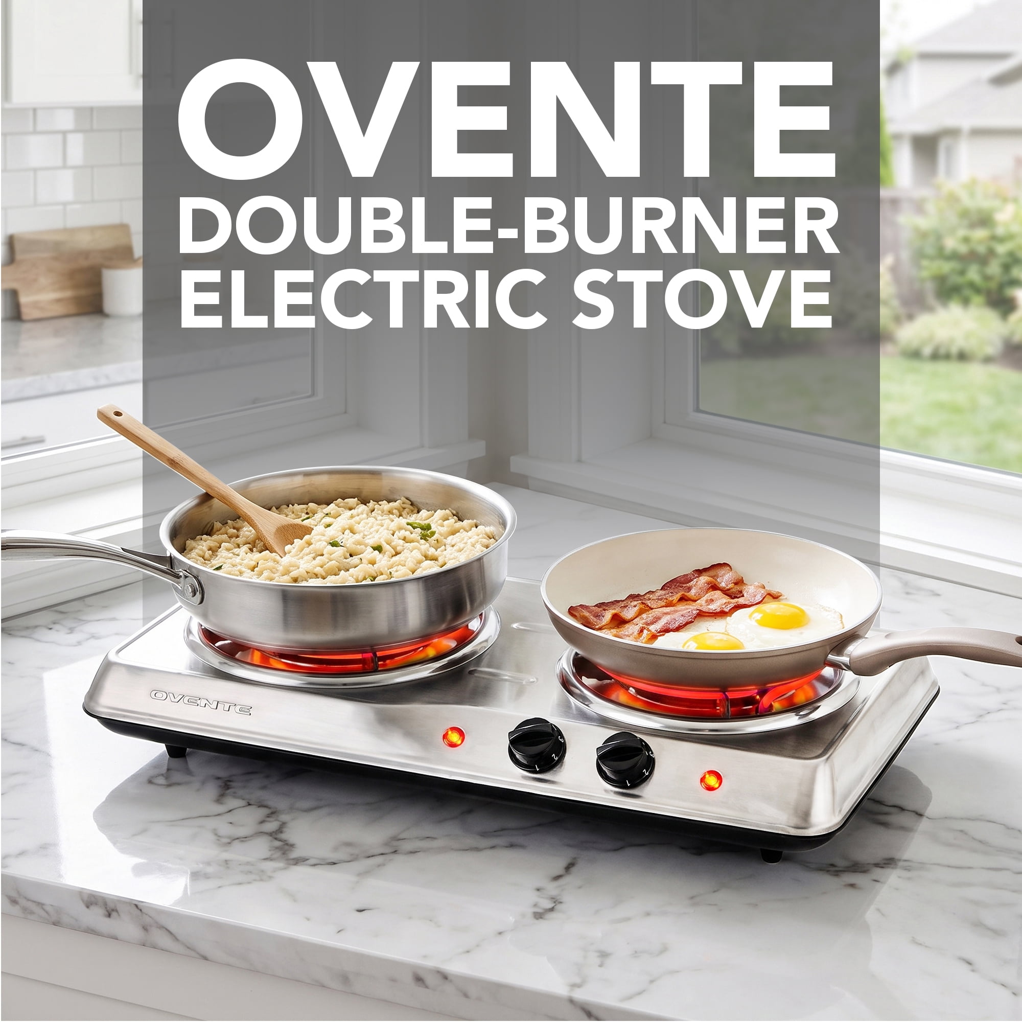 OVENTE Electric Double Burner, 1700W Coil Hot Plate, Silver BGC102S | 6" & 5.75" Portable Countertop Cooktop, Stainless Steel, 5-Level Temperature Control, Indicator Light, Easy-to-Clean, Compact