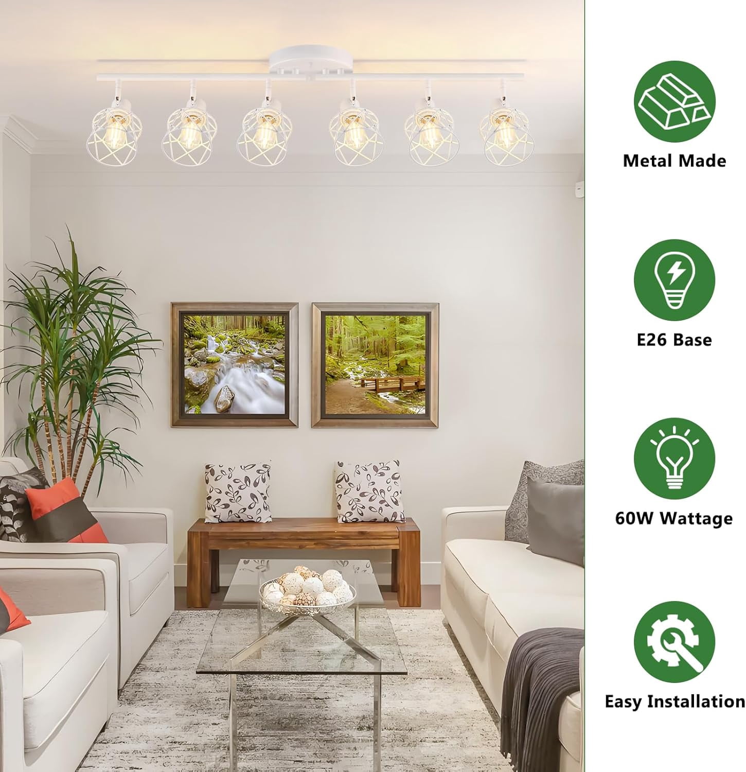 6-Lights Track Lighting Fixtures White Semi Flush Mount Ceiling Light with Metal Cage Kitchen Track Lighting Fixtures Ceiling Rotatable Close to Ceiling lamp for Entryway, Living Room, Hallw
