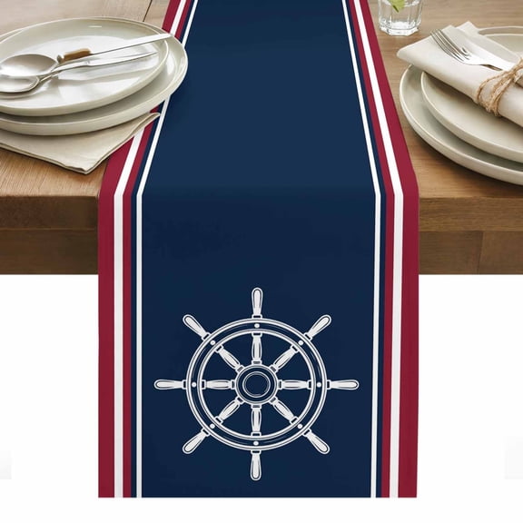 Navy Blue Red Stripe Table Runner - 72 Inch Long, Kitchen Dining Table Runner Dresser Scarves, Coastal Nautical Rudder Farmhouse Farmhouse Decor for Coffee Tables Wedding Party Banquet
