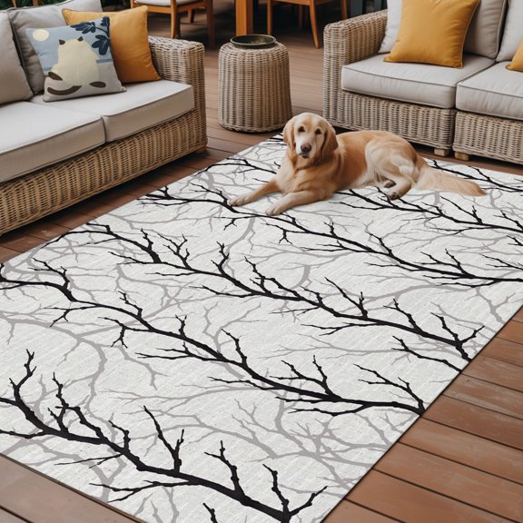 Outdoor Rug, Watercolor Tree Branch Indoor Area Rug Outdoor Carpet RV Camping Rugs 6x9ft Rustic Black Gray Tree Outside Mat for Patio Picnic Porch Deck Balcony Backyard