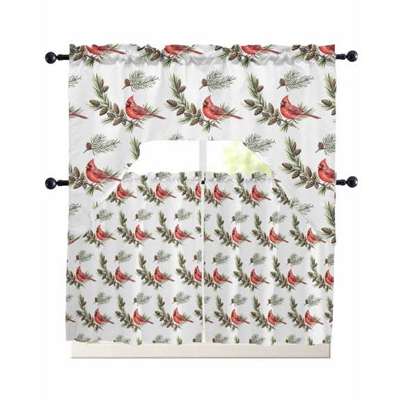 Christmas Red Cardinal Birds Swag Kitchen Curtains Sets for Windows 24 Inch Length, Xmas Pine Branch Cones Rustic Short Window Curtain Panels Swags Valances and Tiers 3 Piece Set for Cafe/Dining Room