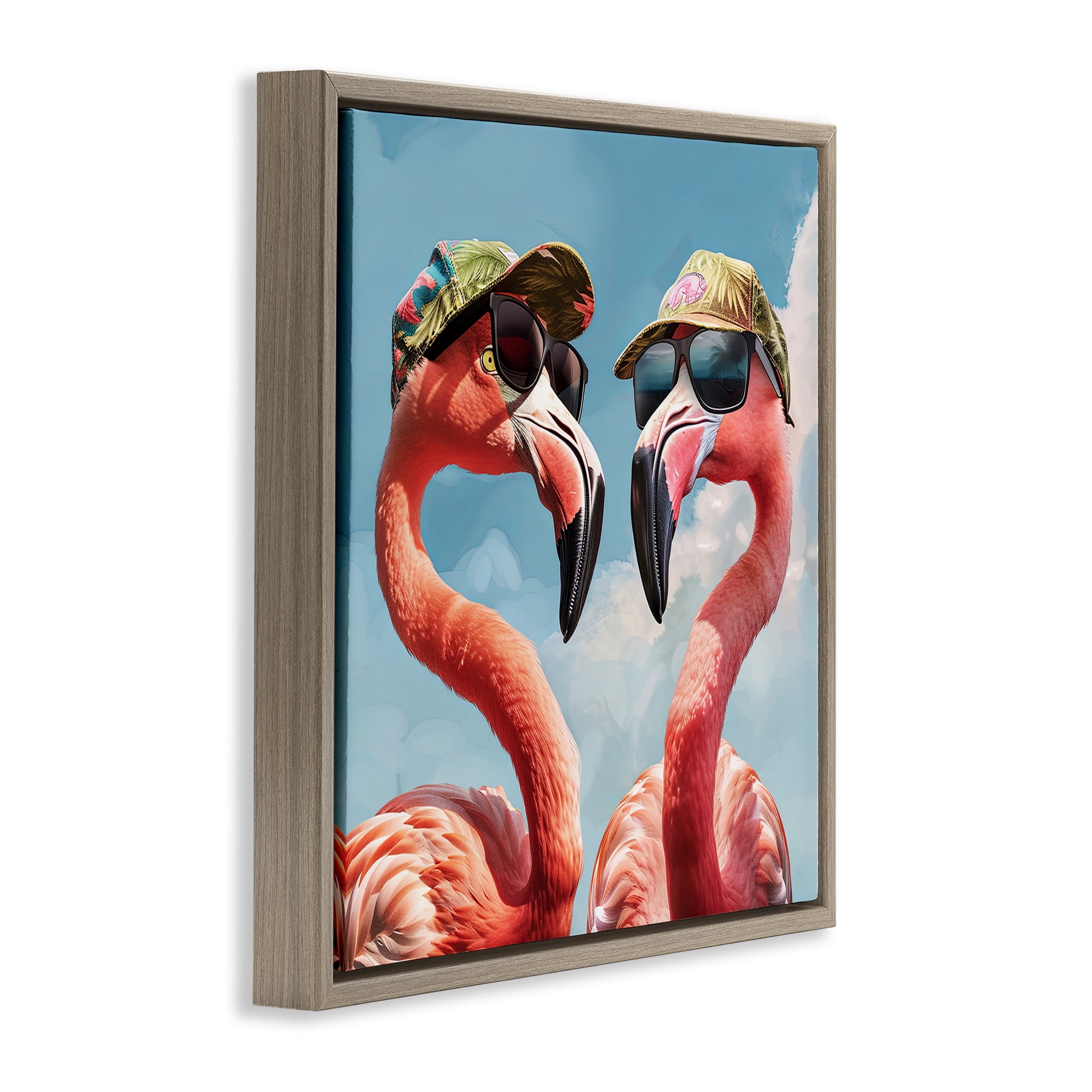 Stupell Industries Flamingos with Tropical Hats Animals Painting Brown Floater Framed Canvas Art Print Wall Art, 25 x 25