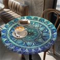 thumbnail image 5 of Round Table Cover for Round Tables 36"-70", Fitted Tablecloth with Elastic for Indoor Outdoor Party Holiday, 52inch, Mandala in Blue and Green, 5 of 6