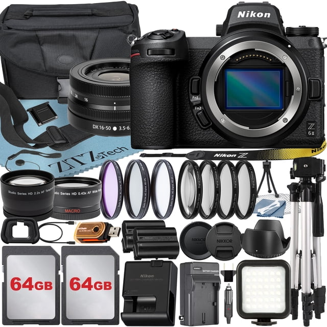 Nikon Z6 II Mirrorless Camera with NIKKOR Z DX 16-50mm VR Zoom Lens + 64GB Card + Case + Telephoto + Tripod + ZeeTech Accessory Bundle