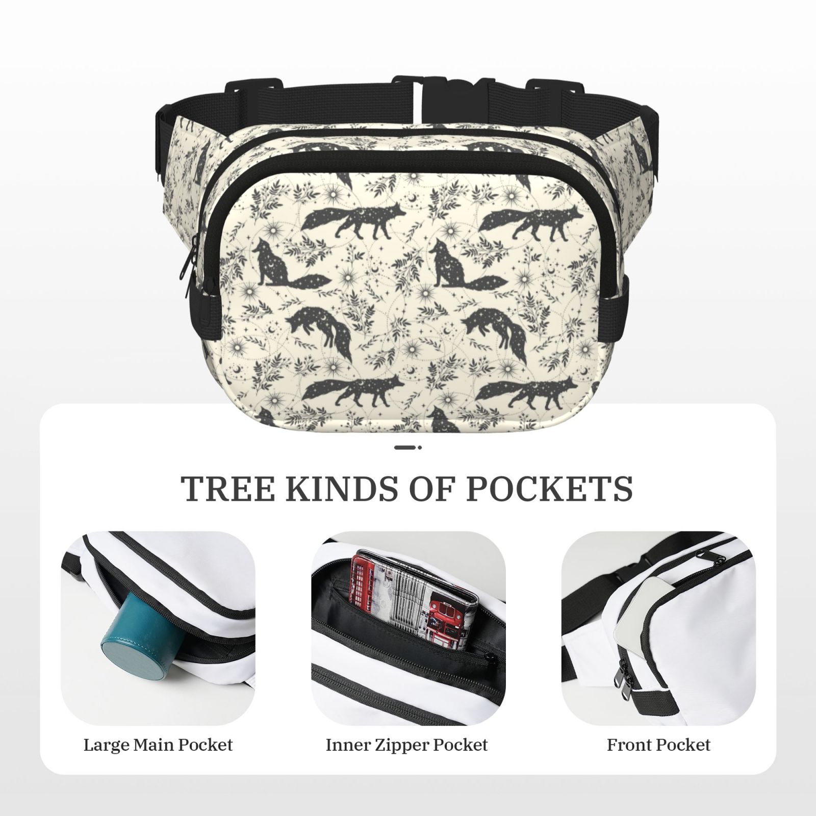 Picia Vintage Moon Fox Print Square Double-Layer Waist Bag Mini Adjustable Waist Belt Bag Exercise Running Travel Hiking