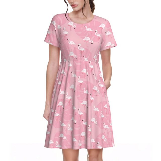 Balery Flamingos and Flowers Vestidos sueltos de manga corta para mujer, vestidos de verano 2025, vestidos casuales de corte A con vuelo.