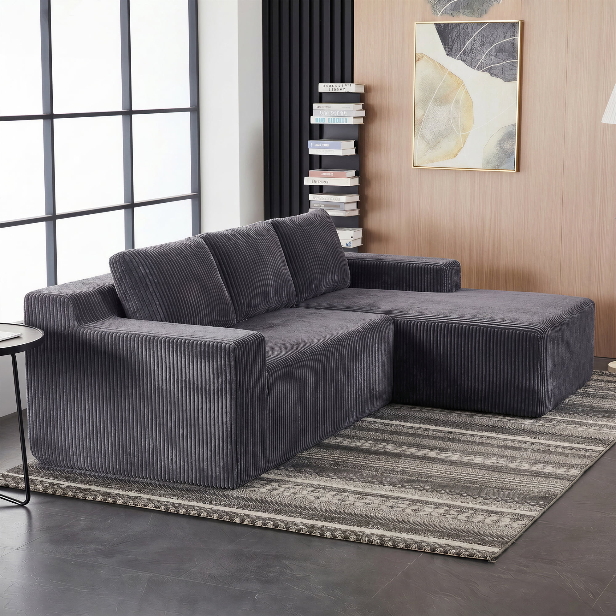 Plush Corduroy Modular L-Shaped Sectional Sofa with Foam-Filled Cushions, Luxury Floor Couch for Living Room and Bedroom, Dark Gray