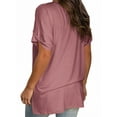 thumbnail image 4 of Liher Women Plain V Neck T-Shirt Casual Loose Tunic Tops Rolled Short Sleeve Side Split Hem Summer Tee Shirts Coral S, 4 of 4