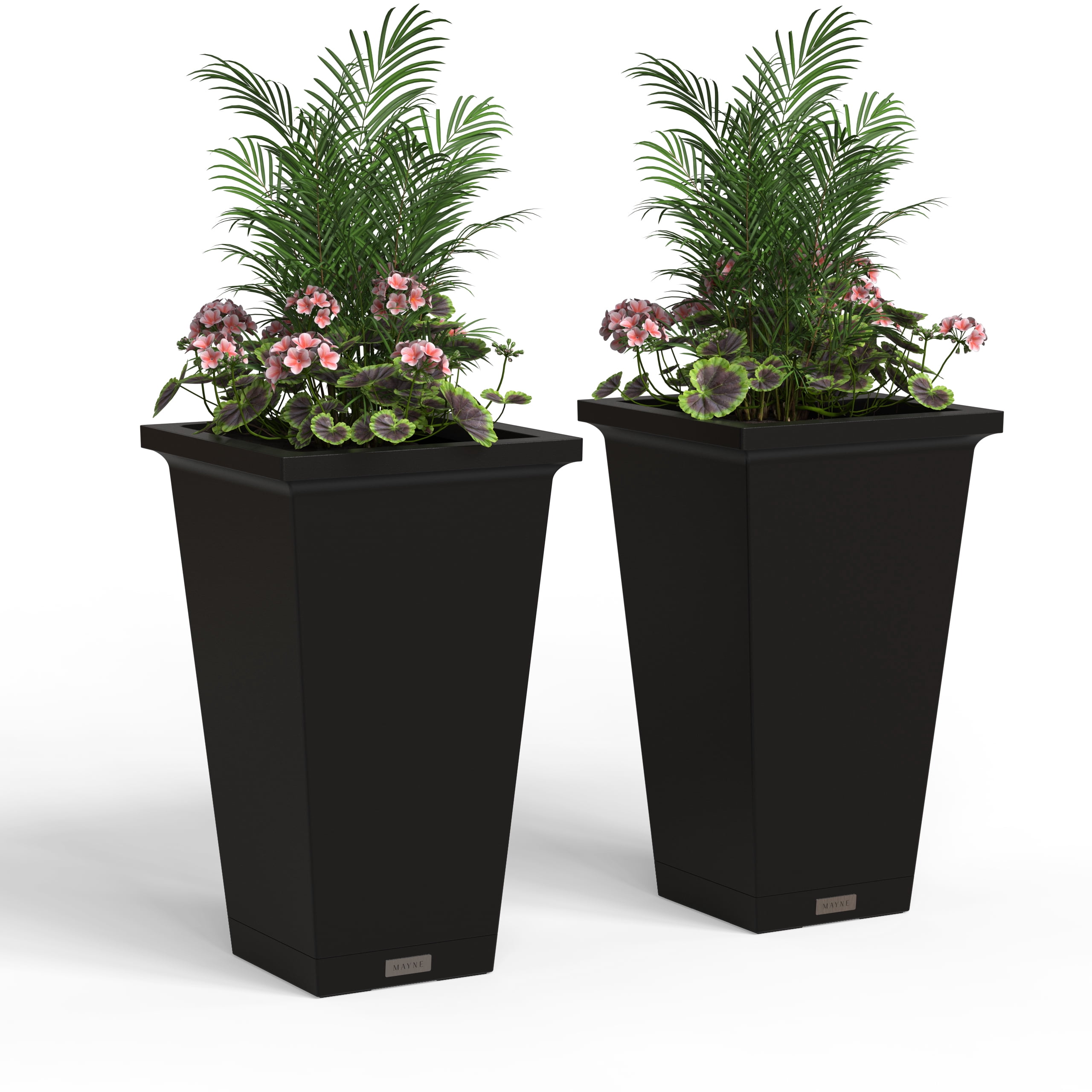 Mayne Evolve 14.5" x 14.5" x 24" Square Black Plstic Planter with Drip Tray, 2-Pack