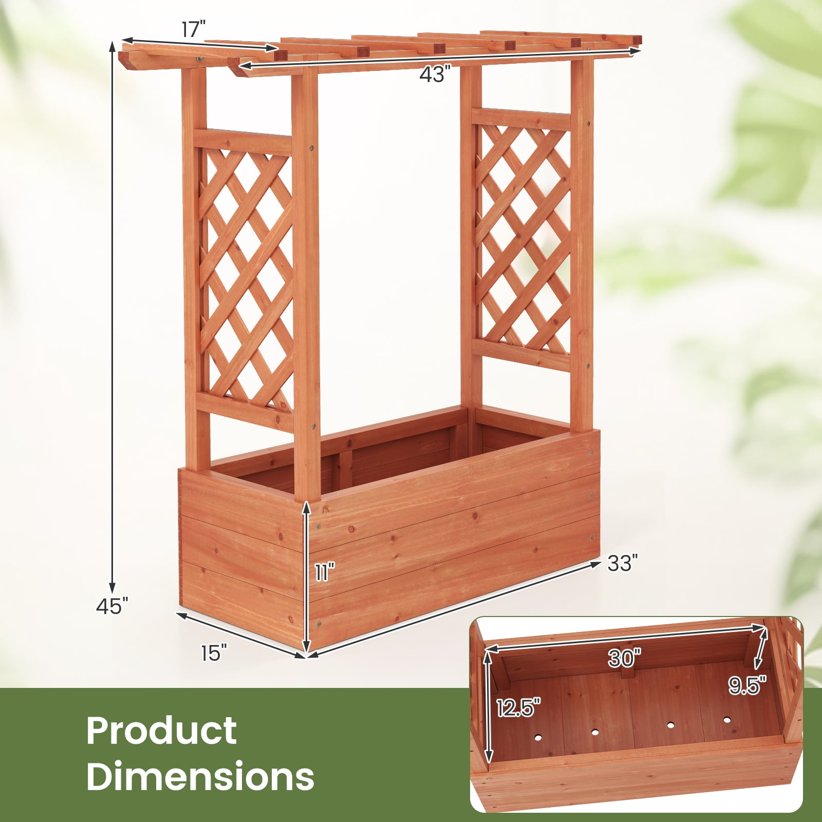 Patiojoy Raised Garden Bed with Trellis Indoor & Outdoor Planter Box with Top & Side Trellis Drainage Holes Elevated Feet for Vine Climbing Plant